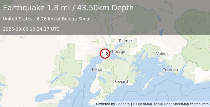 Earthquake 22 km E of Beluga, Alaska (1.8 ml) (2025-09-06 10:24:17 UTC)
