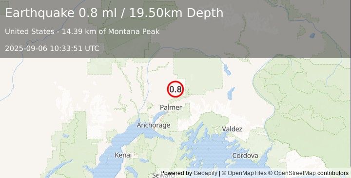 Earthquake 24 km NNW of Sutton-Alpine, Alaska (0.8 ml) (2025-09-06 10:33:51 UTC)