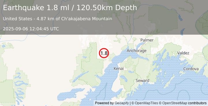 Earthquake 67 km W of Tyonek, Alaska (1.8 ml) (2025-09-06 12:04:45 UTC)