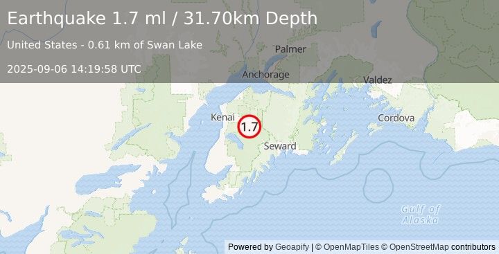 Earthquake 22 km ESE of Funny River, Alaska (1.7 ml) (2025-09-06 14:19:58 UTC)