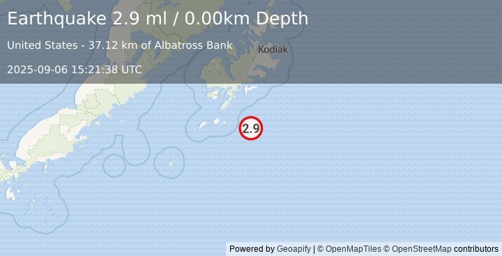 Earthquake 85 km S of Old Harbor, Alaska (2.9 ml) (2025-09-06 15:21:38 UTC)
