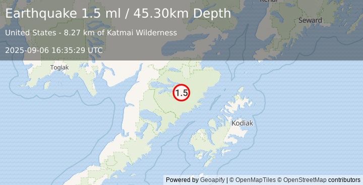 Earthquake 96 km ESE of King Salmon, Alaska (1.5 ml) (2025-09-06 16:35:29 UTC)