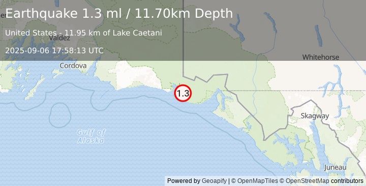 Earthquake 84 km WNW of Yakutat, Alaska (1.3 ml) (2025-09-06 17:58:13 UTC)