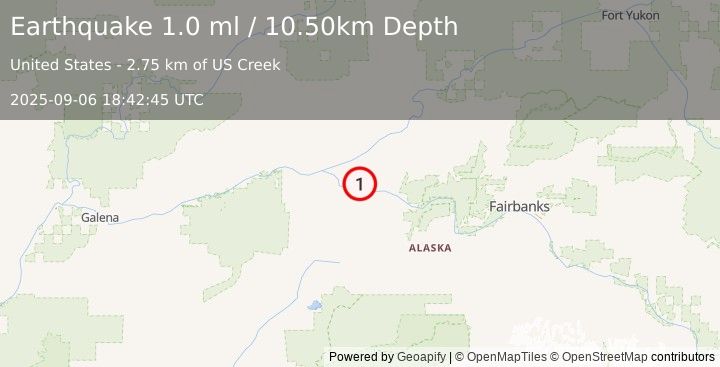 Earthquake 28 km W of Manley Hot Springs, Alaska (1.0 ml) (2025-09-06 18:42:45 UTC)