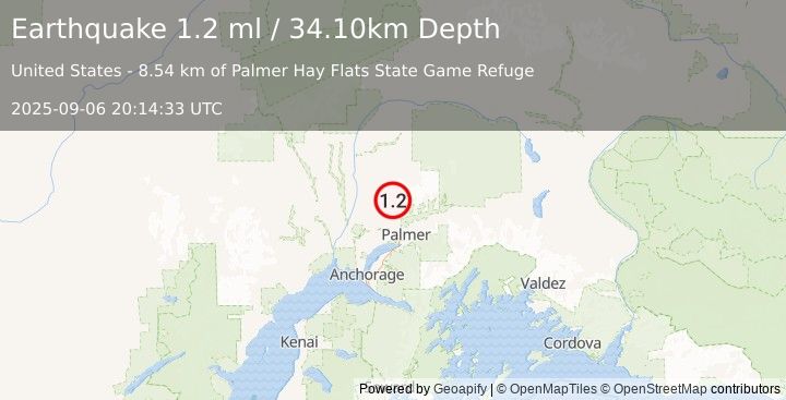 Earthquake 21 km NNW of Fishhook, Alaska (1.2 ml) (2025-09-06 20:14:33 UTC)
