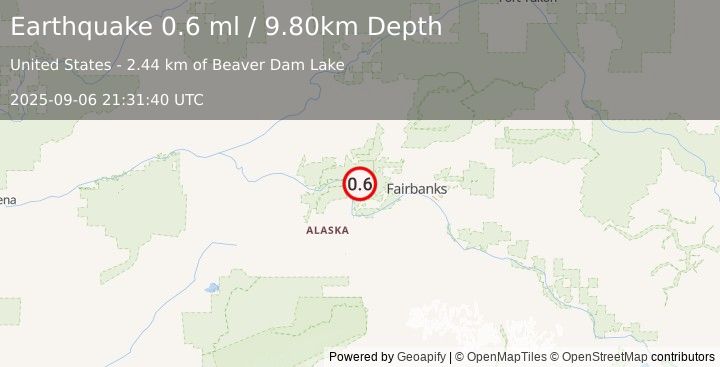 Earthquake 32 km NNE of Four Mile Road, Alaska (0.6 ml) (2025-09-06 21:31:40 UTC)