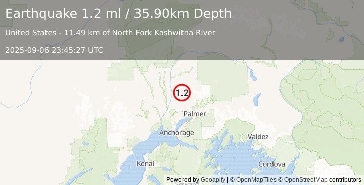 Earthquake 16 km SE of Susitna North, Alaska (1.2 ml) (2025-09-06 23:45:27 UTC)