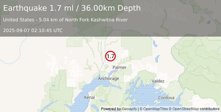 Earthquake 20 km SSE of Susitna North, Alaska (1.7 ml) (2025-09-07 02:10:45 UTC)