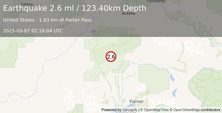 Earthquake 64 km SE of Denali National Park, Alaska (2.6 ml) (2025-09-07 02:16:04 UTC)