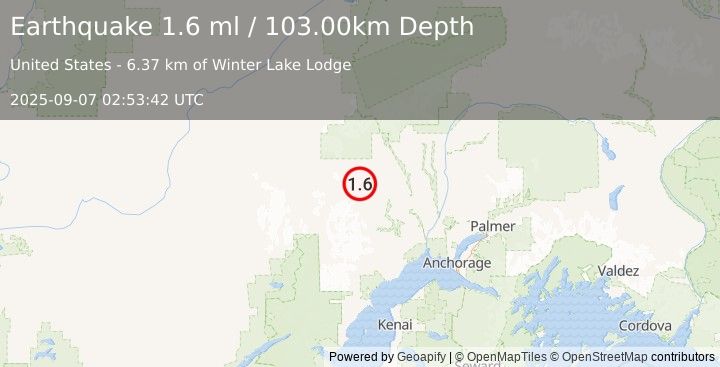 Earthquake 33 km W of Skwentna, Alaska (1.6 ml) (2025-09-07 02:53:42 UTC)