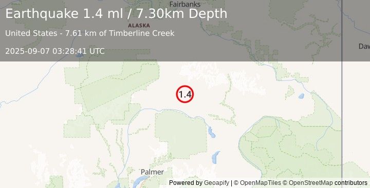 Earthquake 68 km ESE of Cantwell, Alaska (1.4 ml) (2025-09-07 03:28:41 UTC)