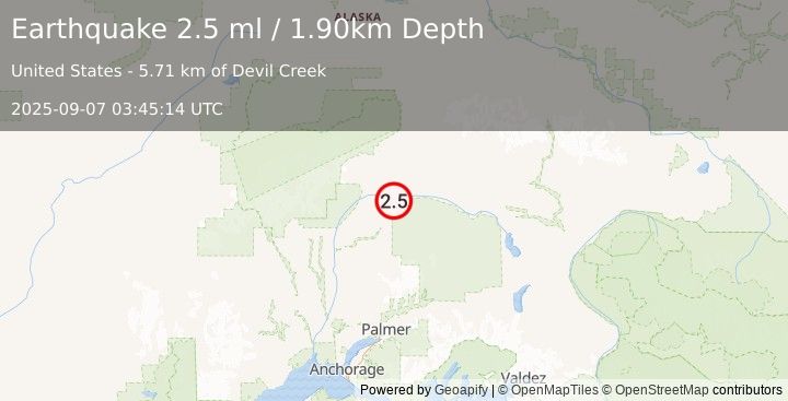 Earthquake 65 km S of Cantwell, Alaska (2.5 ml) (2025-09-07 03:45:14 UTC)