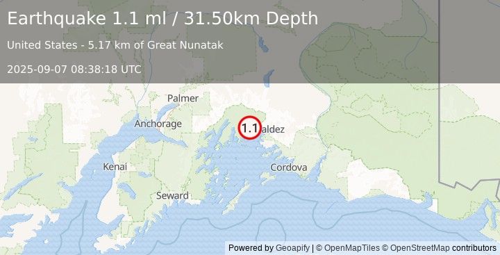 Earthquake 34 km W of Valdez, Alaska (1.1 ml) (2025-09-07 08:38:18 UTC)