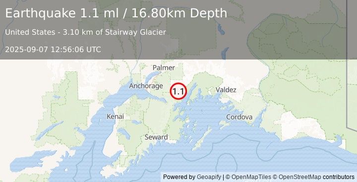 Earthquake 38 km NNE of Whittier, Alaska (1.1 ml) (2025-09-07 12:56:06 UTC)