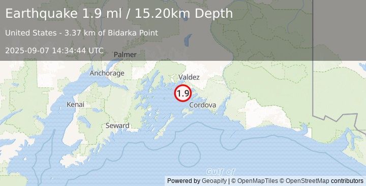 Earthquake 8 km SSE of Tatitlek, Alaska (1.9 ml) (2025-09-07 14:34:44 UTC)