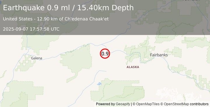 Earthquake 35 km SSE of Tanana, Alaska (0.9 ml) (2025-09-07 17:57:58 UTC)