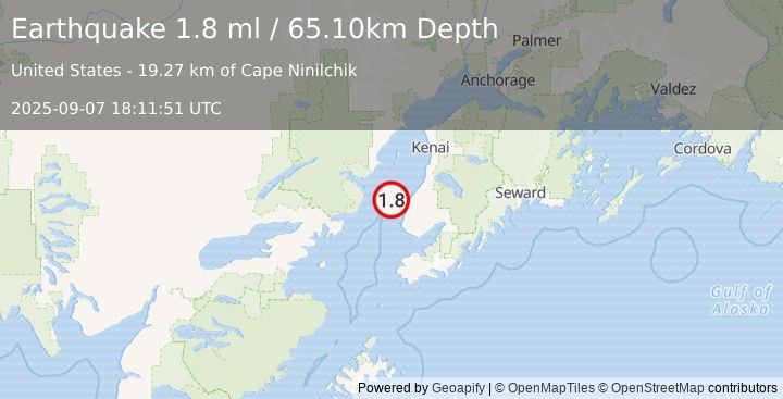 Earthquake 19 km WNW of Happy Valley, Alaska (1.8 ml) (2025-09-07 18:11:51 UTC)