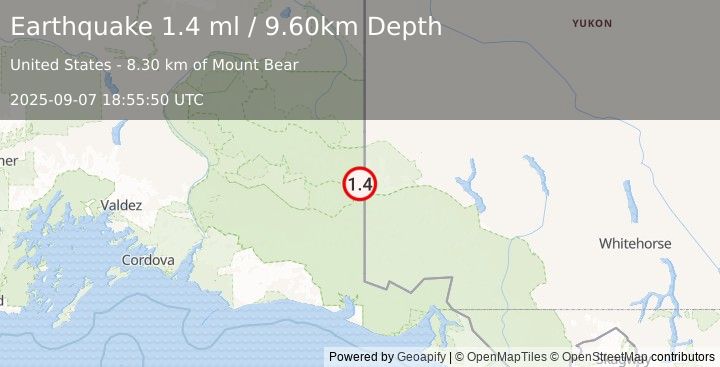 Earthquake 97 km E of McCarthy, Alaska (1.4 ml) (2025-09-07 18:55:50 UTC)