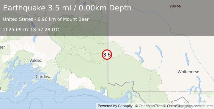 Earthquake 99 km E of McCarthy, Alaska (3.5 ml) (2025-09-07 18:57:28 UTC)