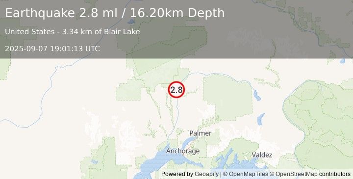 Earthquake 8 km NNW of Chase, Alaska (2.8 ml) (2025-09-07 19:01:13 UTC)