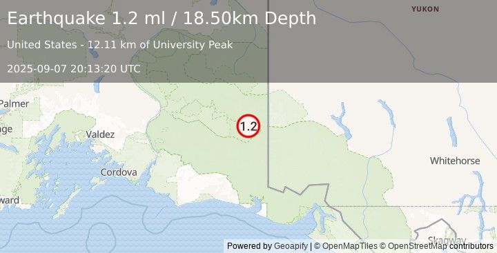 Earthquake 72 km ESE of McCarthy, Alaska (1.2 ml) (2025-09-07 20:13:20 UTC)