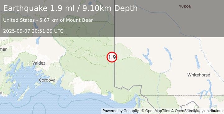Earthquake 93 km E of McCarthy, Alaska (1.9 ml) (2025-09-07 20:51:39 UTC)