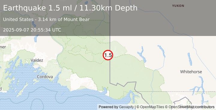 Earthquake 96 km E of McCarthy, Alaska (1.5 ml) (2025-09-07 20:55:34 UTC)