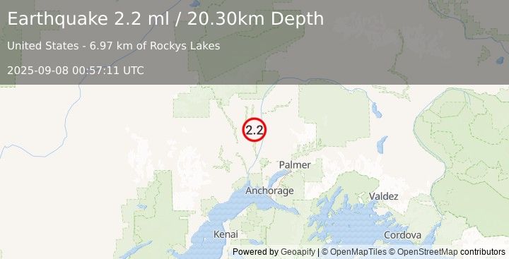 Earthquake 23 km SSW of Trapper Creek, Alaska (2.2 ml) (2025-09-08 00:57:11 UTC)