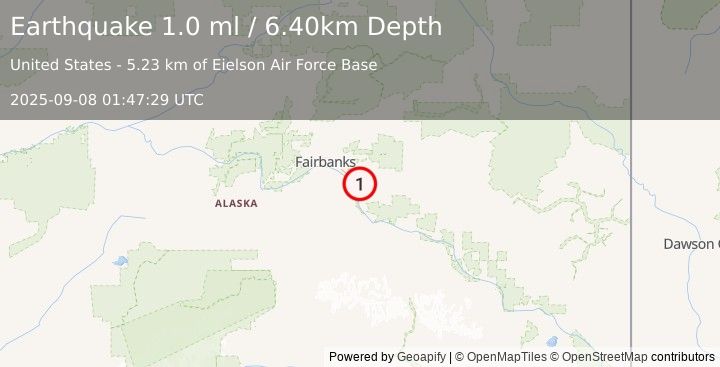 Earthquake 5 km SE of Eielson Air Force Base, Alaska (1.0 ml) (2025-09-08 01:47:29 UTC)