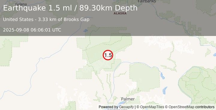 Earthquake 67 km N of Petersville, Alaska (1.5 ml) (2025-09-08 06:06:01 UTC)