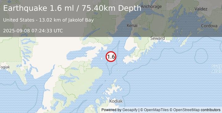 Earthquake 48 km W of Nanwalek, Alaska (1.6 ml) (2025-09-08 07:24:33 UTC)