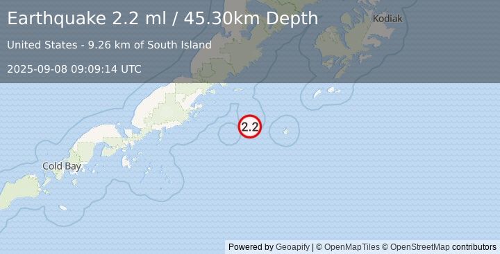 Earthquake 111 km ESE of Chignik, Alaska (2.2 ml) (2025-09-08 09:09:14 UTC)
