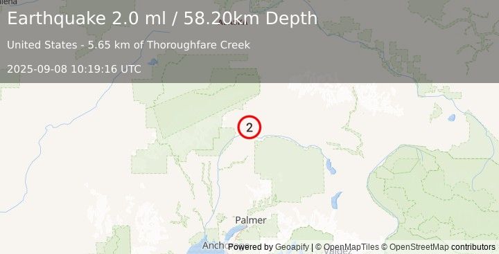 Earthquake 47 km SSW of Cantwell, Alaska (2.0 ml) (2025-09-08 10:19:16 UTC)