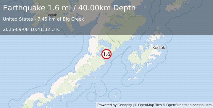 Earthquake 66 km E of Ugashik, Alaska (1.6 ml) (2025-09-08 10:41:32 UTC)