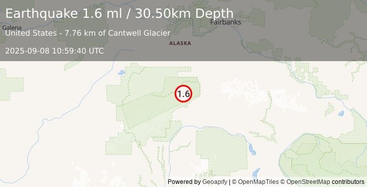 Earthquake 31 km WNW of Cantwell, Alaska (1.6 ml) (2025-09-08 10:59:40 UTC)