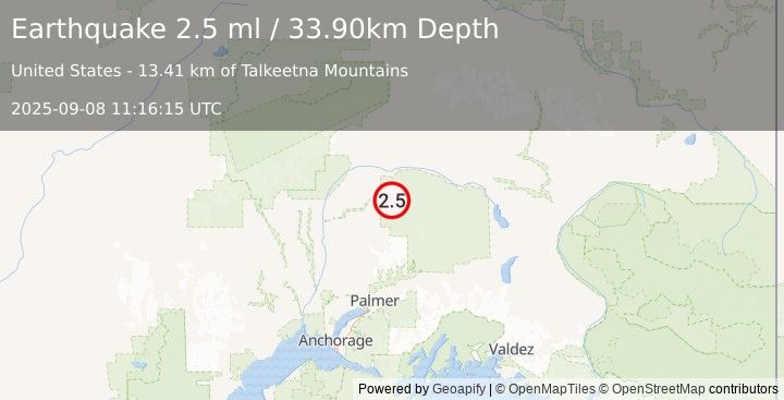 Earthquake 70 km E of Chase, Alaska (2.5 ml) (2025-09-08 11:16:15 UTC)