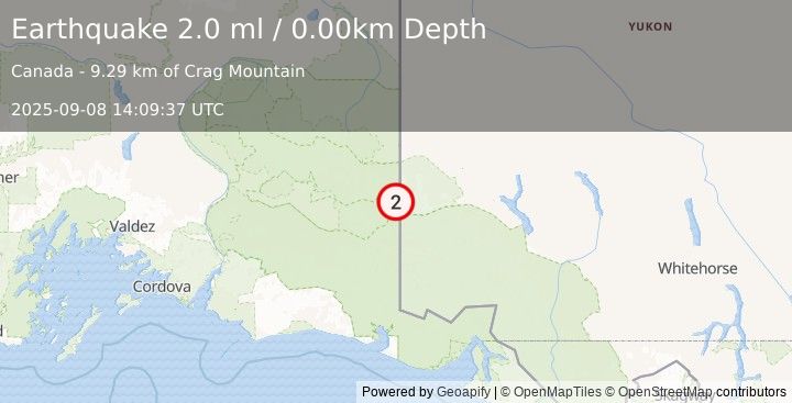 Earthquake 98 km E of McCarthy, Alaska (2.0 ml) (2025-09-08 14:09:37 UTC)
