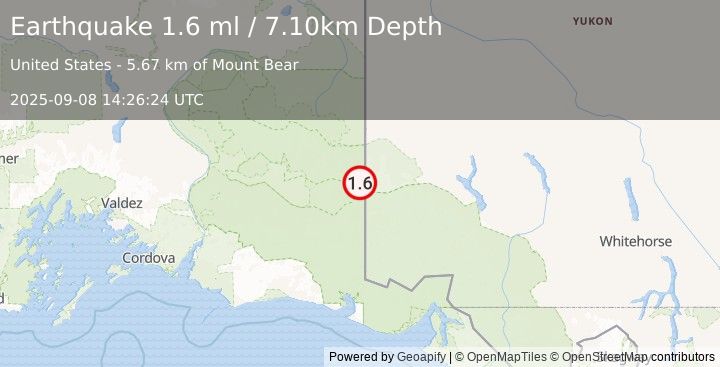 Earthquake 97 km E of McCarthy, Alaska (1.6 ml) (2025-09-08 14:26:24 UTC)