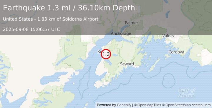 Earthquake 3 km SE of Soldotna, Alaska (1.3 ml) (2025-09-08 15:06:57 UTC)