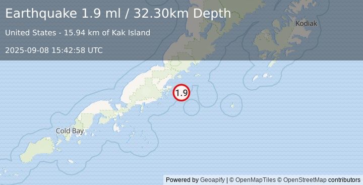 Earthquake 38 km ESE of Chignik, Alaska (1.9 ml) (2025-09-08 15:42:58 UTC)