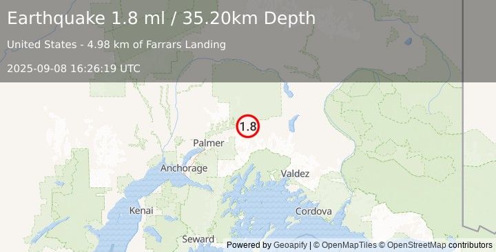 Earthquake 11 km WNW of Glacier View, Alaska (1.8 ml) (2025-09-08 16:26:19 UTC)