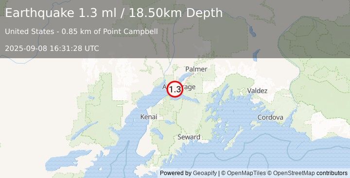 Earthquake 10 km WSW of Anchorage, Alaska (1.3 ml) (2025-09-08 16:31:28 UTC)