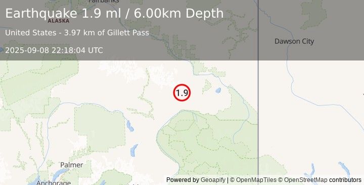 Earthquake 31 km WNW of Mentasta Lake, Alaska (1.9 ml) (2025-09-08 22:18:04 UTC)