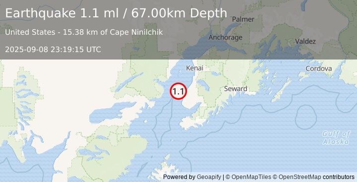 Earthquake 17 km W of Ninilchik, Alaska (1.1 ml) (2025-09-08 23:19:15 UTC)