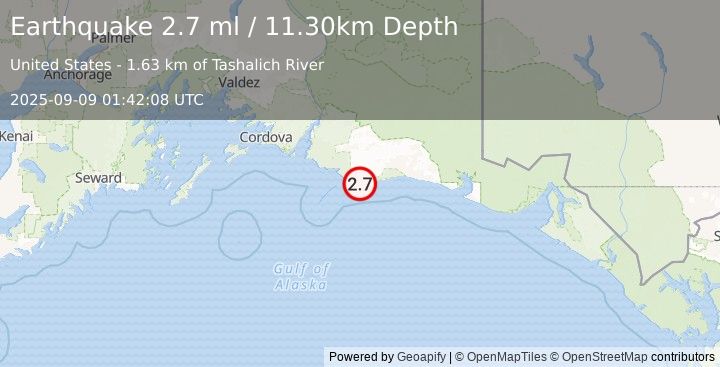 Earthquake 127 km ESE of Cordova, Alaska (2.7 ml) (2025-09-09 01:42:08 UTC)