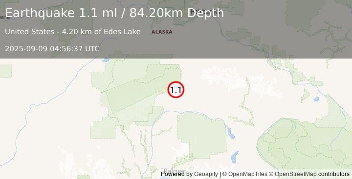 Earthquake 11 km SSW of Cantwell, Alaska (1.1 ml) (2025-09-09 04:56:37 UTC)