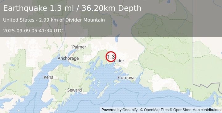 Earthquake 30 km WNW of Valdez, Alaska (1.3 ml) (2025-09-09 05:41:34 UTC)