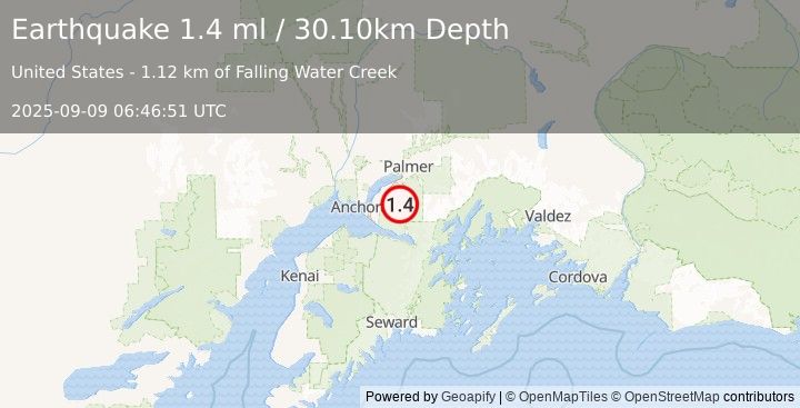 Earthquake 18 km ESE of Eagle River, Alaska (1.4 ml) (2025-09-09 06:46:51 UTC)