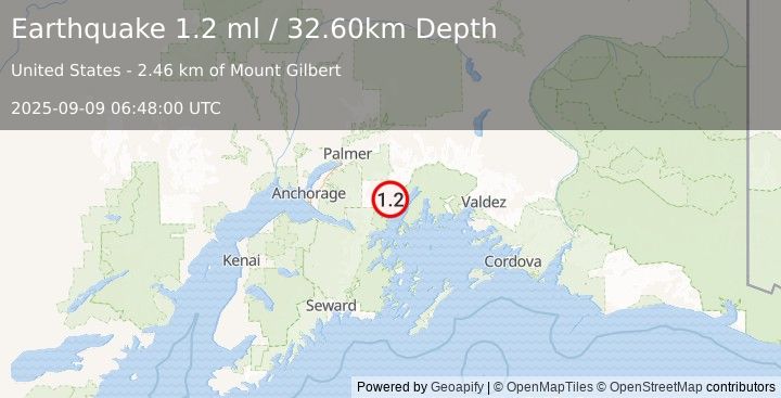 Earthquake 48 km NNE of Whittier, Alaska (1.2 ml) (2025-09-09 06:48:00 UTC)