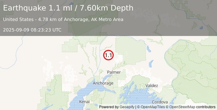 Earthquake 18 km E of Susitna North, Alaska (1.1 ml) (2025-09-09 08:23:23 UTC)